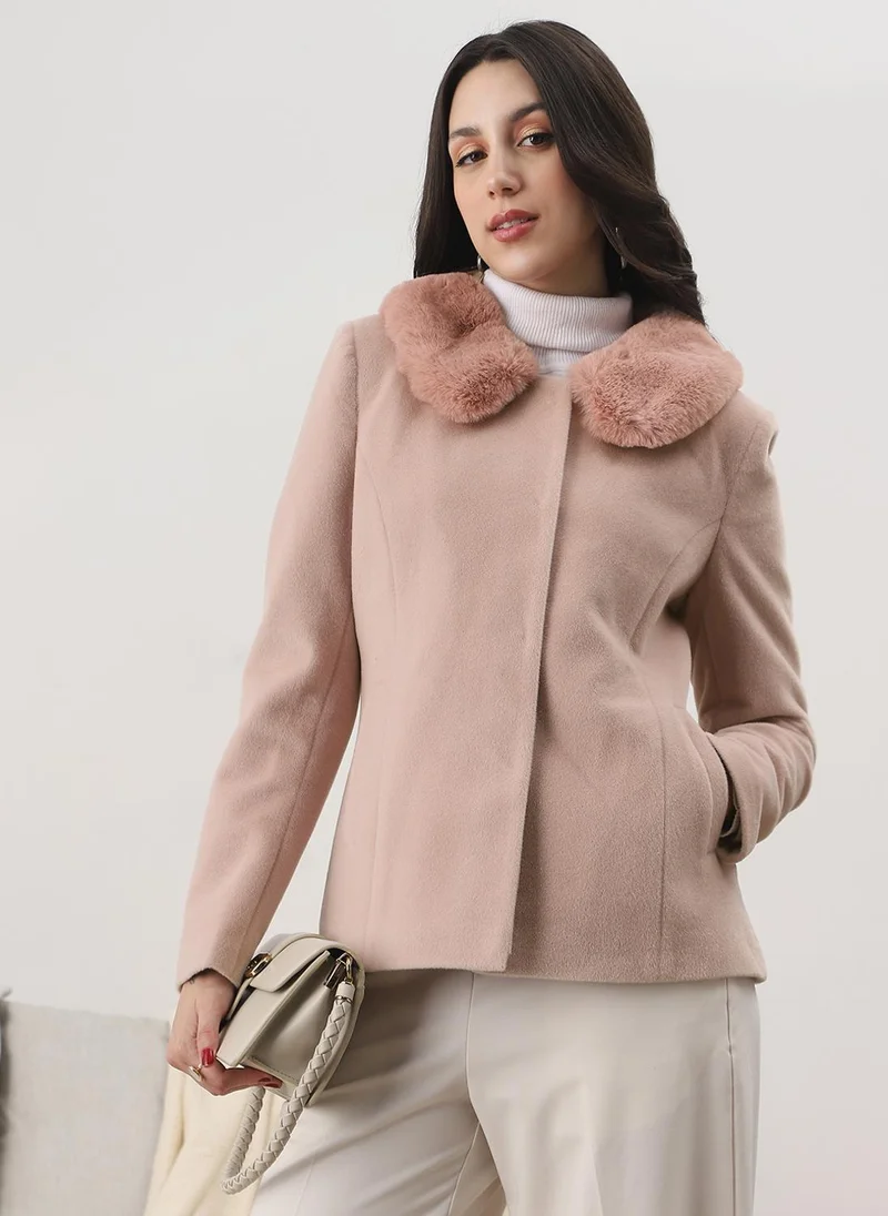 جلو باص Globus Women Pink Peter Pan Collar Long Sleeves Faux Fur Detail 2 Pockets Winterwear Overcoat